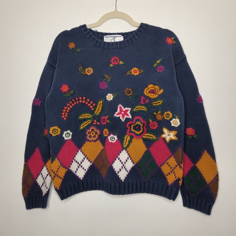 Vintage Cottage Core Granny Sweater Crewneck Embroidered Floral Argyle Sm Knit